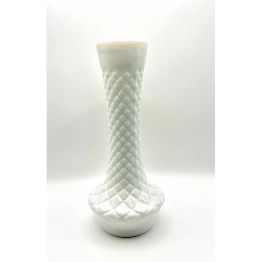 Vintage 1960s Loeffler Randall Milk Glass Bud Vase - Diamond Quilt